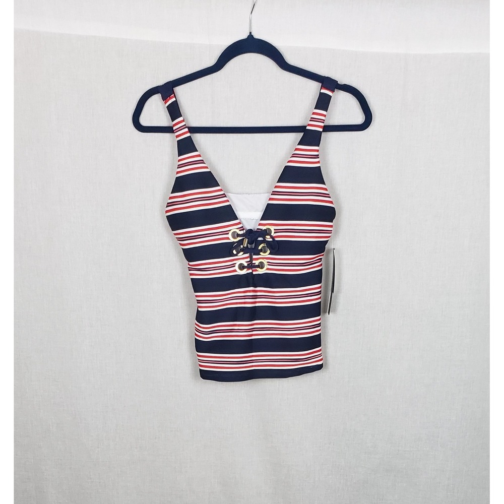 La Blanca Navy Red Striped Lace Up Tankini Top 6 Nautical 4th of July USA Summer